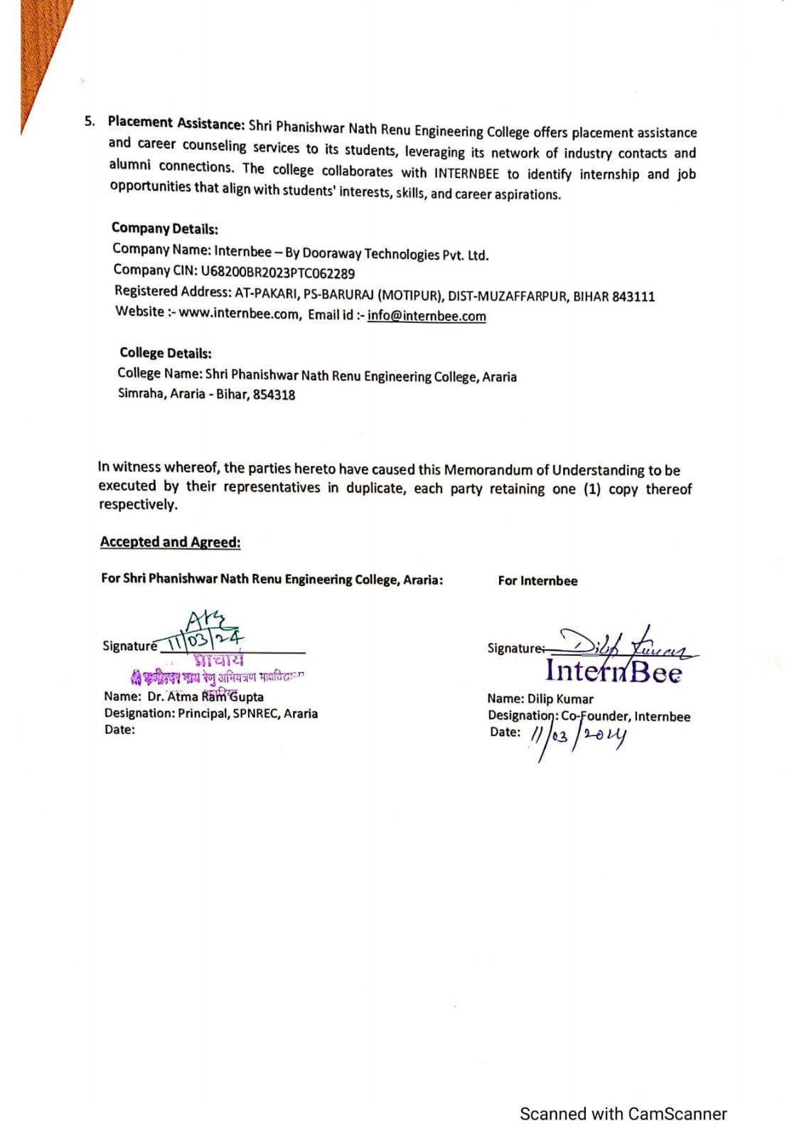 	MoU Between Internbee and SPNREC, Araria